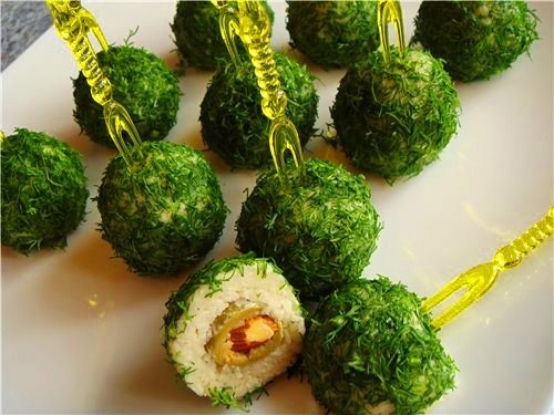 christmas party food green cheese balls dill green olive almond