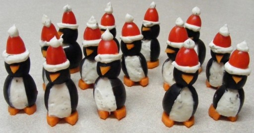 christmas themed appetizers penguins cream cheese olives red hats