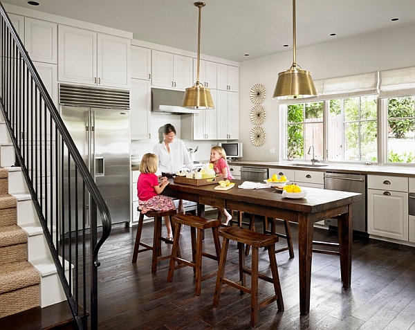 Brass pendants metallic accents in the modern kitchen interior