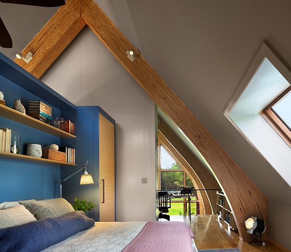 blue shelves in contemporary bedroom design wooden beams