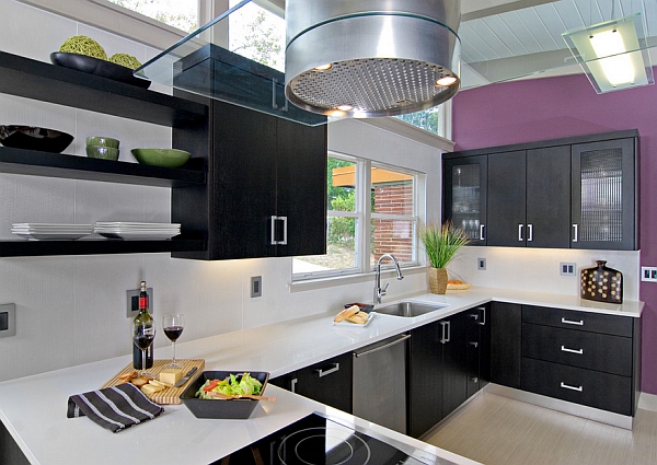 modern stylish kitchen in black and white with a purple accent