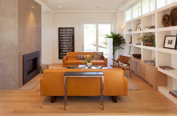 mustard yellow leather sofa in a modern living room