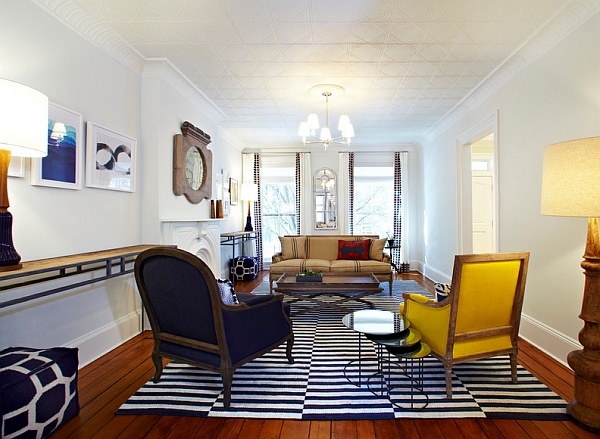 white and navy blue accented by mustard yellow chair
