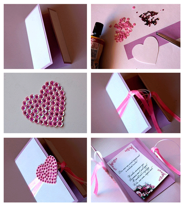 diy valentines day cards tutorial pailettes heart pink