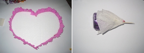 DIY Valentine's Day gift idea arrangement heart shape styrofoam chocolates