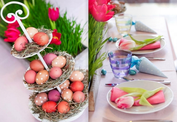 easter table decorations 3 tiered cake stand dyed eggs straw