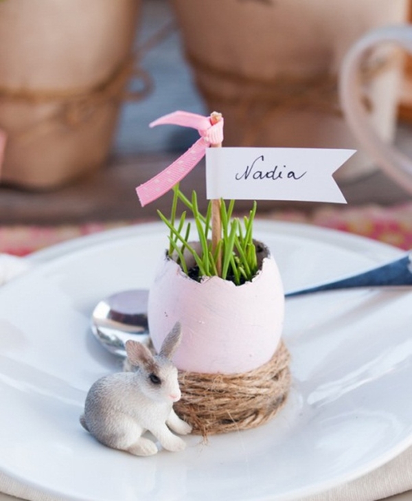 easter table diy decorations egg shells vases place cards burlap yarn