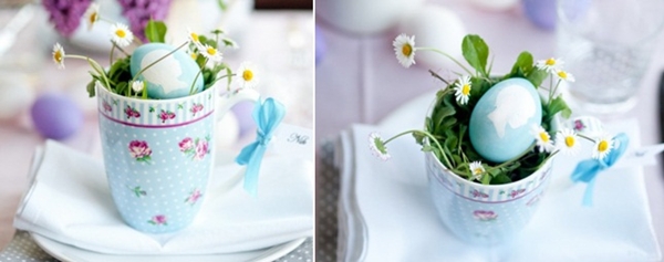 easter table decorations crafts tea cup filled daisies dyed eggs silhouette