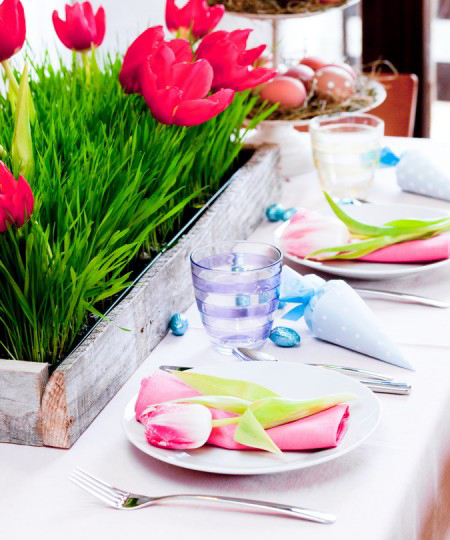 easter table diy easter crafts plates pink tulips napkins blue treat bags