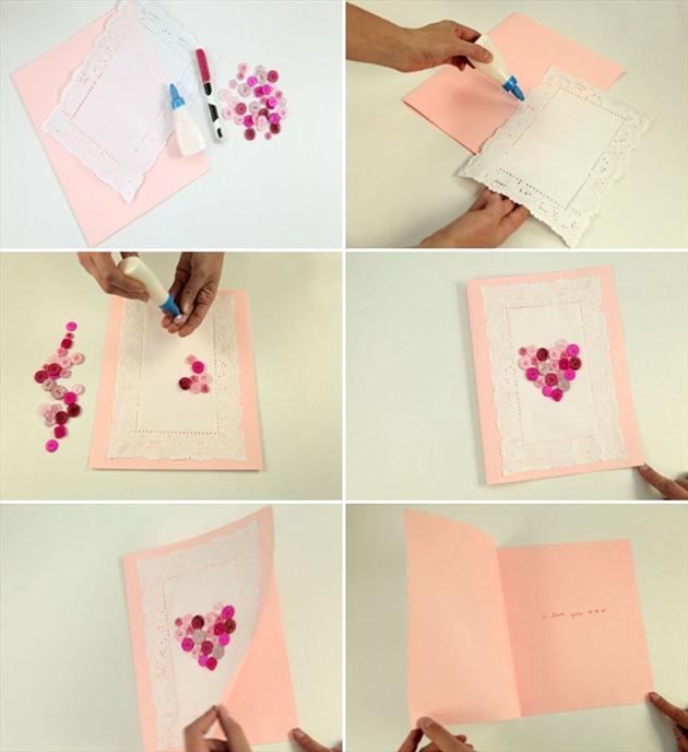 handmade valentine's day card tutorial pink buttons kids