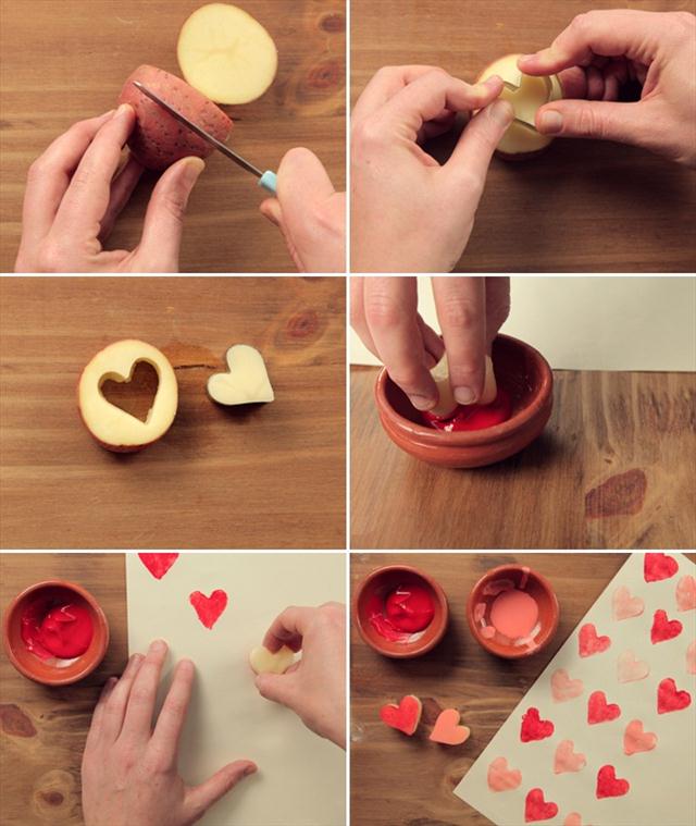 homemade valentine gifts wrapping paper heart potatoe cookie cutter paint