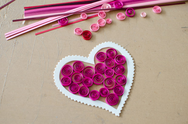 valentines day craft idea for kids paper heart decoration different sized pink spirals