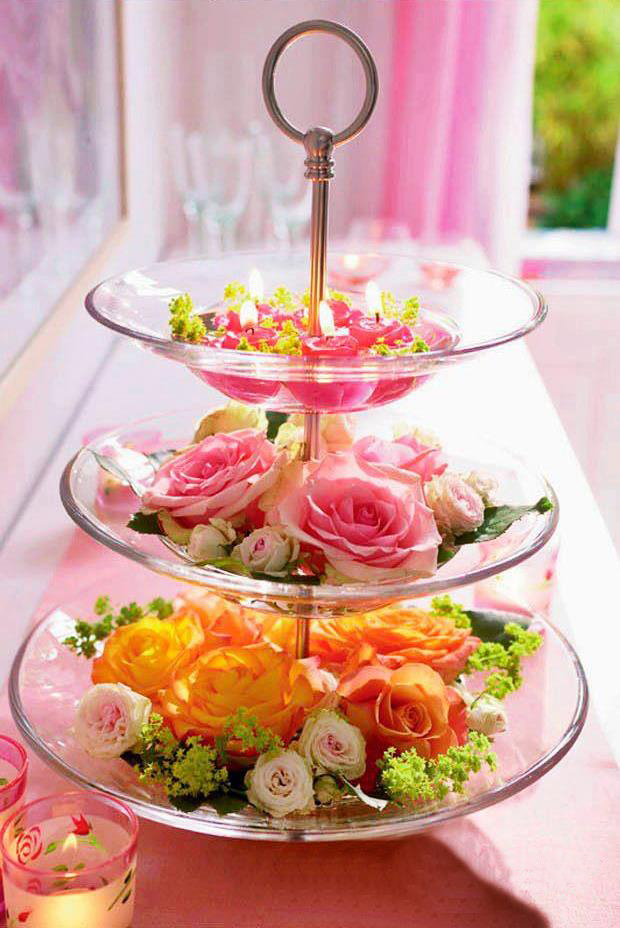 Valentine's Day decorating ideas home flowers glass tiered stand roses candles